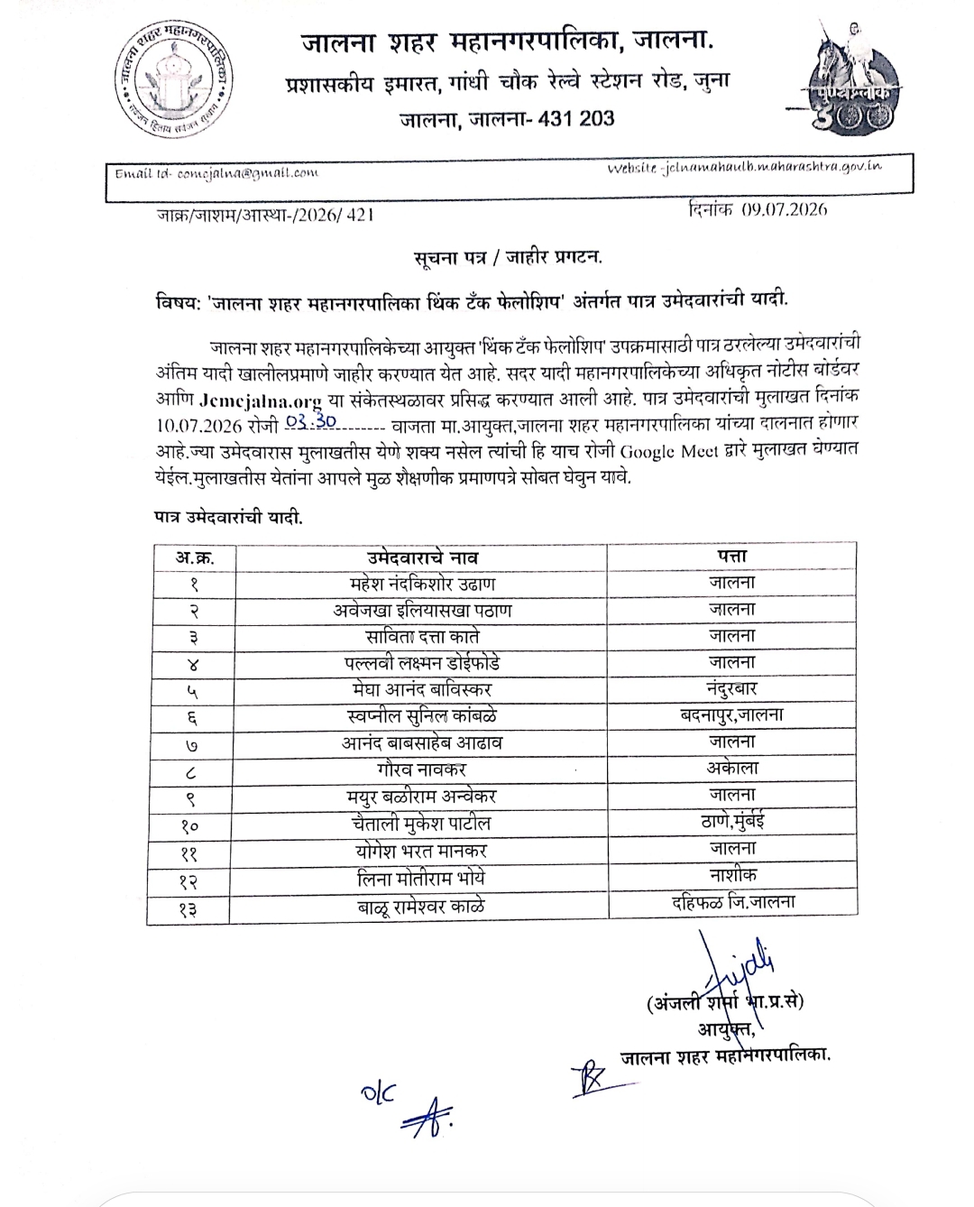 जालना शहर महानगरपालिका थिंक टॅक फेलोशिप अंतर्गत  पात्र उमेदवारांची यादी